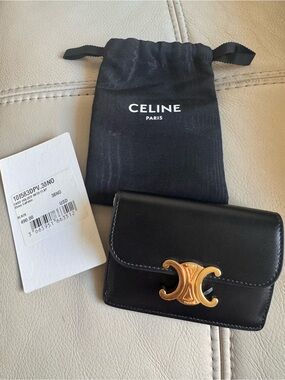 Celine Black Leather Card Holder with Gold Triomphe Logo